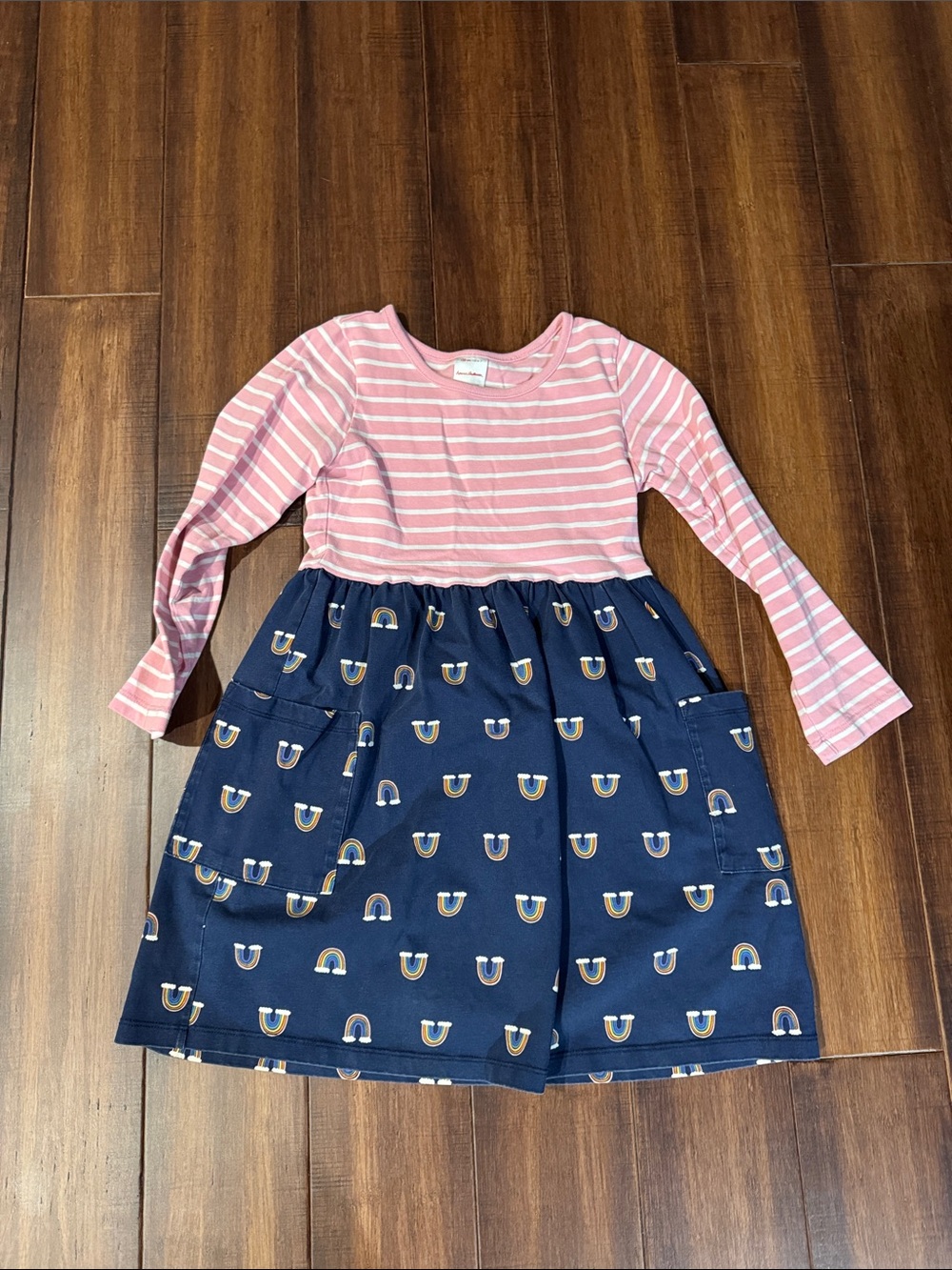 Hanna Andersson Pink Striped Top with Navy Rainbow-Print Skirt